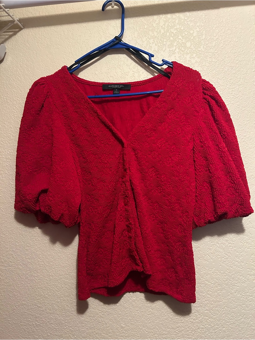 Marc New York Red Textured Puff-Sleeve Blouse